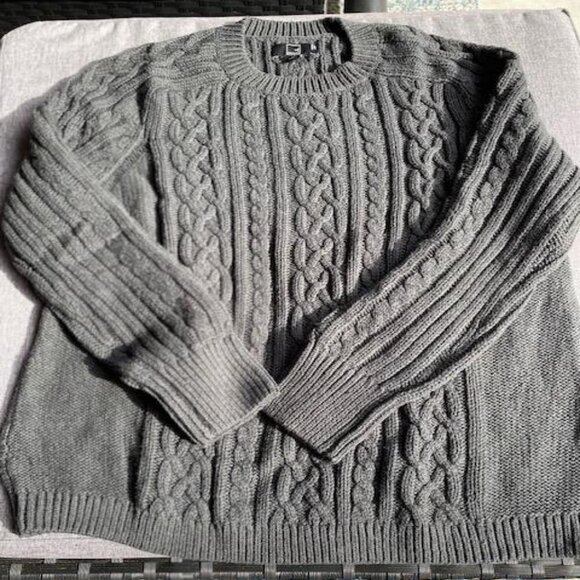 Fisherman Cable Long-Sleeve Crewneck Sweater DEEP STEEL GRAY, Unisex, Size XL - Picture 5 of 8